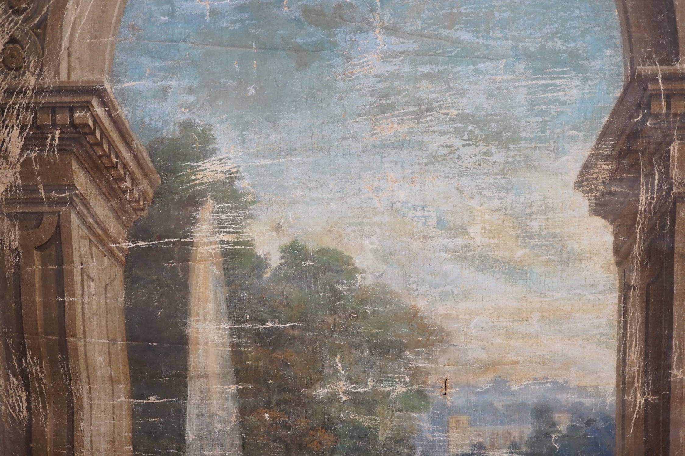 English School c.1900, set of six unstretched oils on canvas, Italianate landscapes painted for murals to be inset into arched niches, approximately 184 x 110cm